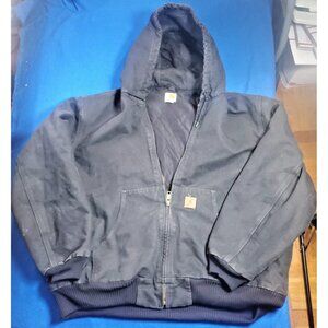 Vintage Carhartt J130 BLK Black Canvas Jacket Size 2XL Quilt Lined Hood Faded